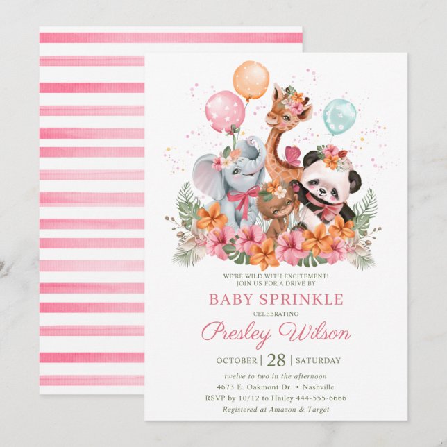 Girl Safari Animals Baby Sprinkle Invitation (Front/Back)