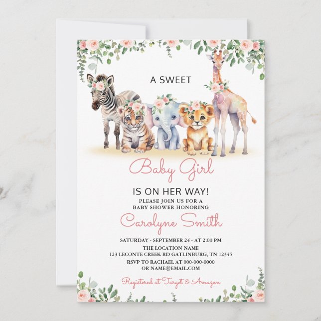 Girl Safari Animals Greenery Jungle Baby Shower Invitation (Front)