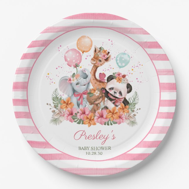 Girl Safari Animals Paper Plate (Front)