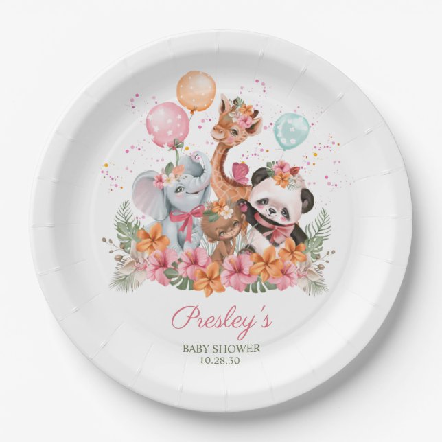 Girl Safari Animals Paper Plate (Front)