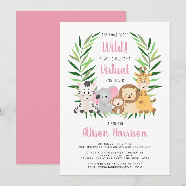 Girl Safari Animals Virtual Baby Shower Invitation (Front/Back)