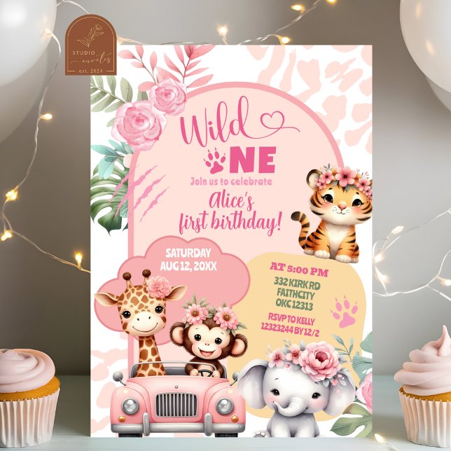 Girl Safari Animals Wild One First Birthday Invitation (Creator Uploaded)