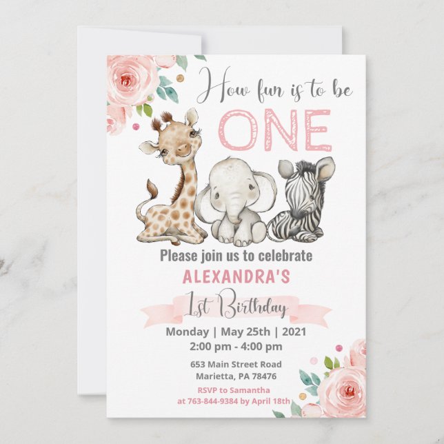 Girl Safari Baby Animals 1st Birthday Invitation (Front)