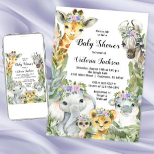 Girl Safari Baby Shower Purple Floral Invitation