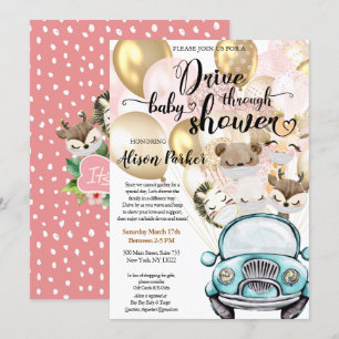 Girl Safari Pink Floral Greenery Drive by Shower I Invitation