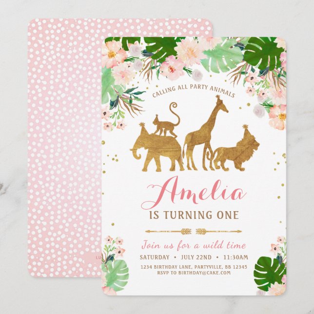 Girl Safari Pink Gold Birthday Invitation (Front/Back)