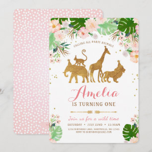 Girl Safari Pink Gold Birthday Invitation