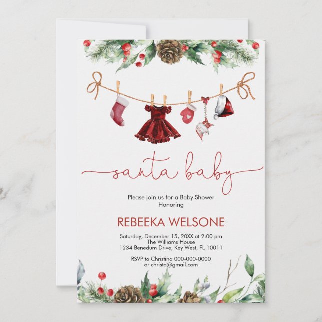 Girl santa baby christmas baby shower invitation (Front)