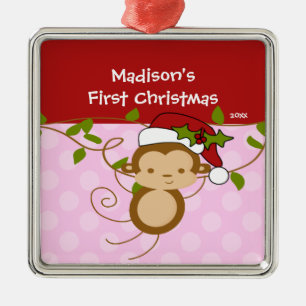 Girl Santa Monkey Baby's First Christmas Ornament