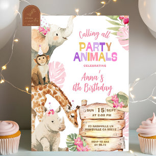 Girl Savanna Pink Safari Party Animals Birthday Invitation