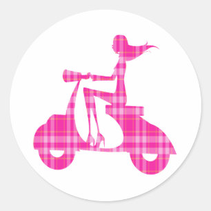 girl scooter pink white gingham classic round sticker