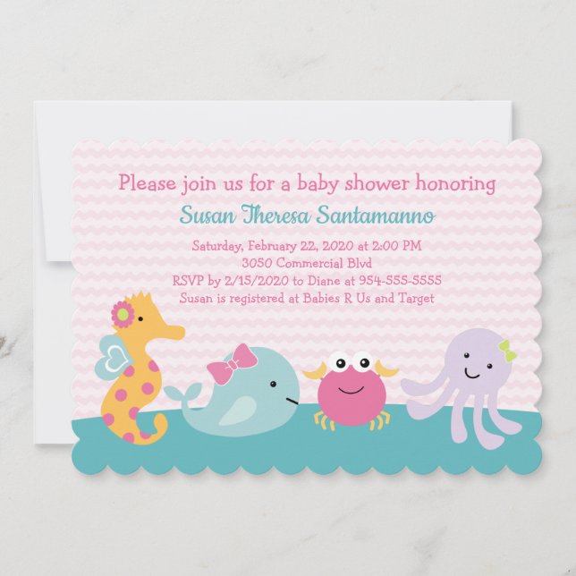Girl Sea Animals Ocean Life Baby Shower Invitation (Front)