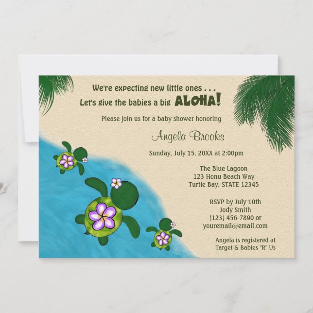 GIRL Sea TURTLE Baby Shower Invite TWIN (Honu) 04C (Front)