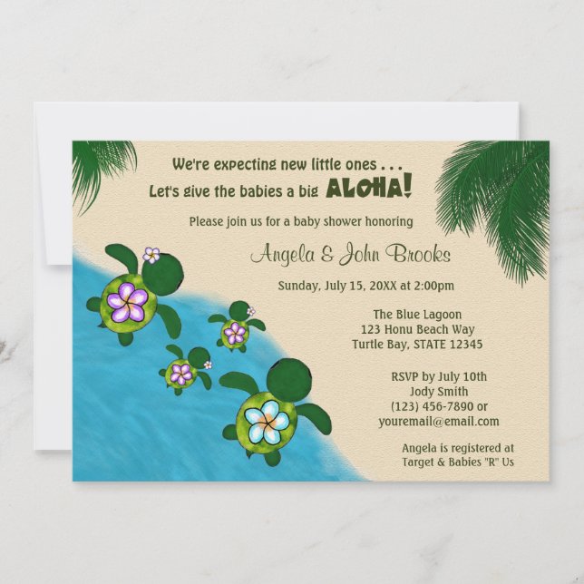 GIRL Sea TURTLE Baby Shower Invite TWIN (Honu) 04D (Front)