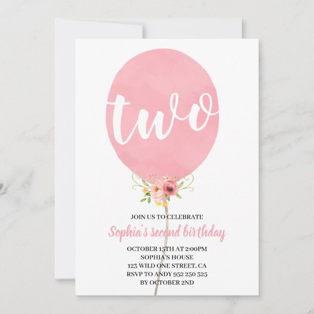 Girl Second Birthday Pink Balloon Invitation (Front)