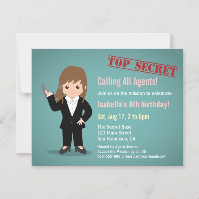 Girl Secret Agent Birthday Party Invitation (Front)