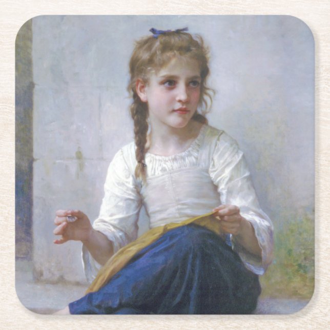 Girl Sewing, Bouguereau Square Paper Coaster (Front)
