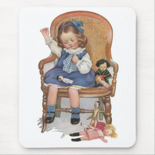Girl Sewing Dollies Mouse Mat