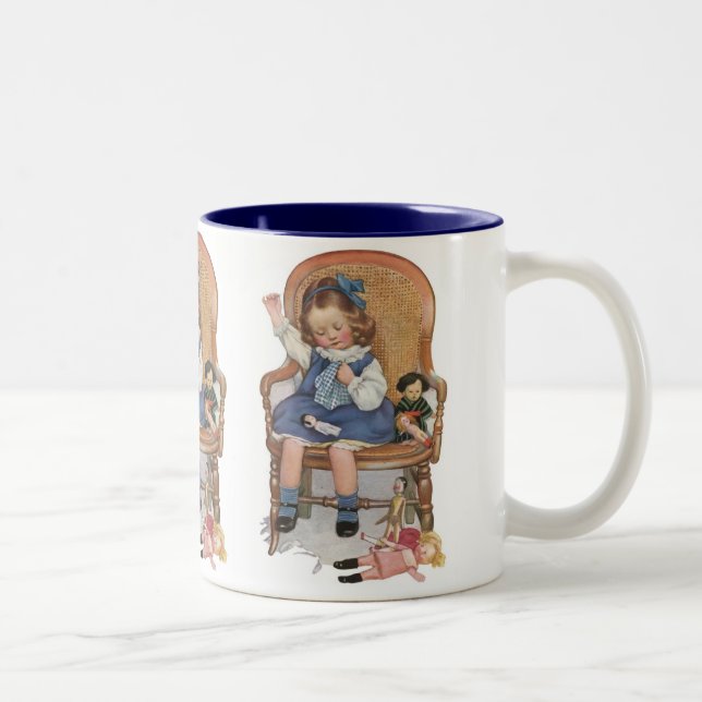 Girl Sewing Dollies Two-Tone Coffee Mug (Right)