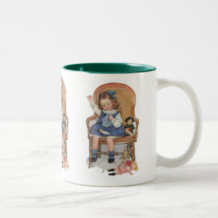 Girl Sewing Dollies Two-Tone Coffee Mug