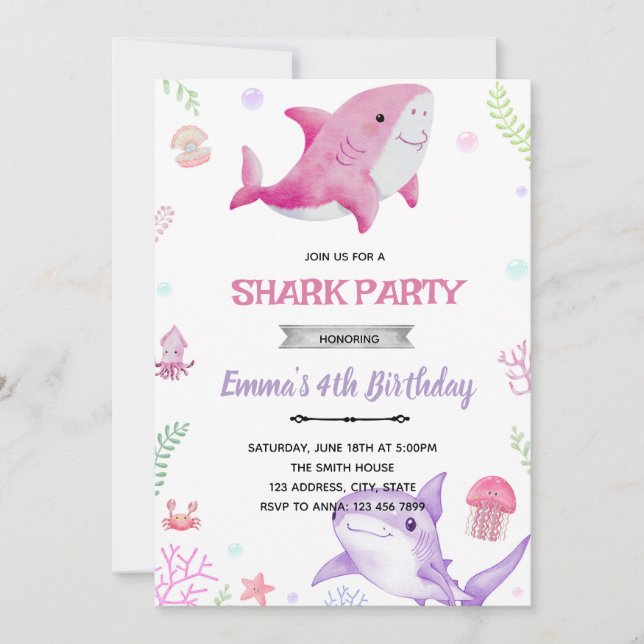 Girl shark birthday invitation (Front)