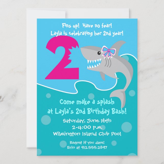 Girl Shark Bite Invite- 2nd Birthday Party Invitation (Front)