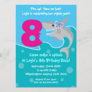 Girl Shark Bite Invite- 8th Birthday Party Invitation