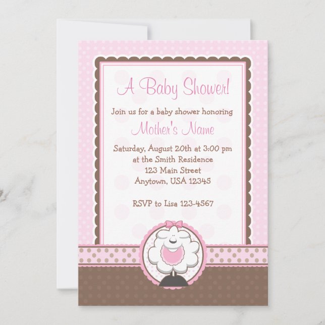 Girl Sheep Pink & Brown Baby Shower Invitations (Front)