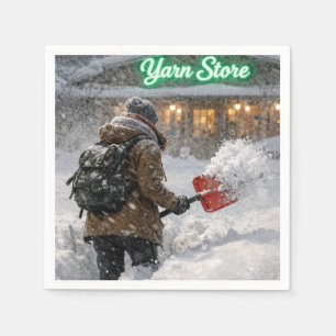 Girl Shoveling Snow to a Yarn Store Napkin
