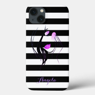 Girl Silhouette, Black, White Stripes Personalised iPhone 13 Case