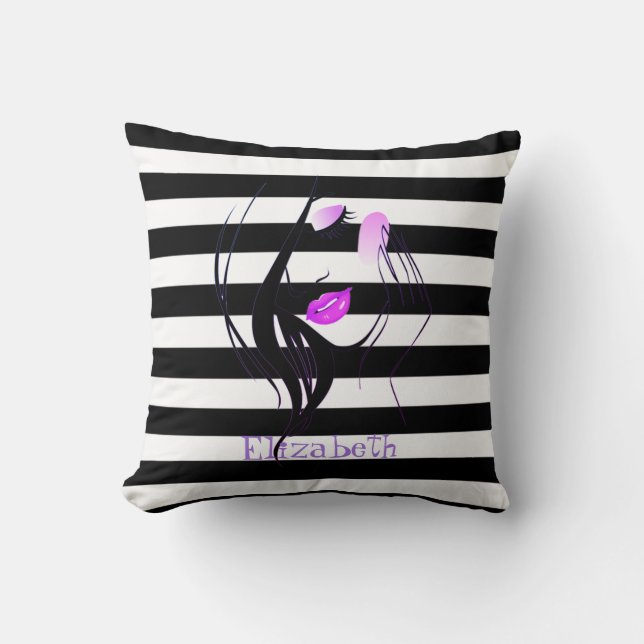 Girl Silhouette, Black, White Stripes Personalised Cushion (Front)
