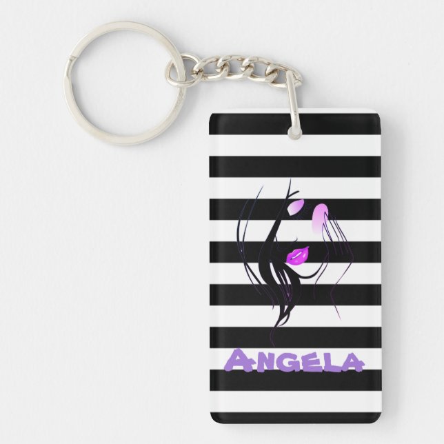 Girl Silhouette, Black, White Stripes Personalised Key Ring (Front)
