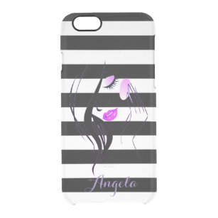 Girl Silhouette, Black White Stripes-Personalised Clear iPhone 6/6S Case