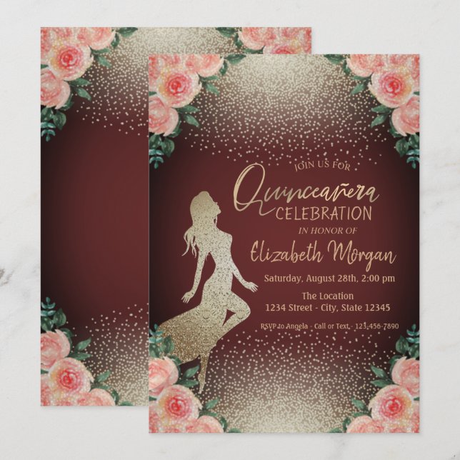 Girl Silhouette,Confetti Floral Quinceañera Invitation (Front/Back)