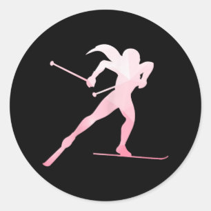Girl Silhouette Cross Country Skiing Winter Sports Classic Round Sticker