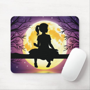 Girl Silhouette On Tree With Moon Mouse Mat