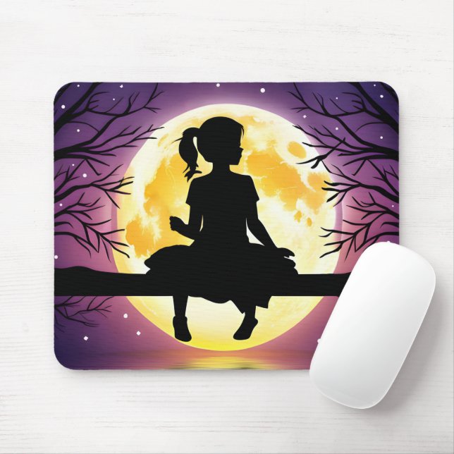 Girl Silhouette On Tree With Moon Mouse Mat (With Mouse)