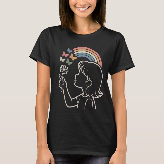 Girl Silhouette Rainbow Butterfly Illustration T-Shirt (Front)