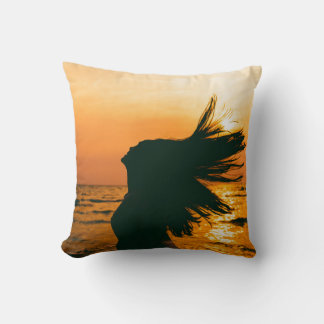 Girl silhouette, sea sunset, freedom. cushion