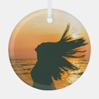 Girl silhouette, sea sunset, freedom. glass tree decoration