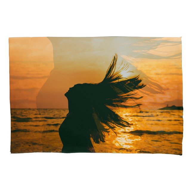Girl silhouette, sea sunset, freedom. pillowcase (Front)