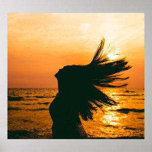 Girl silhouette, sea sunset, freedom. poster
