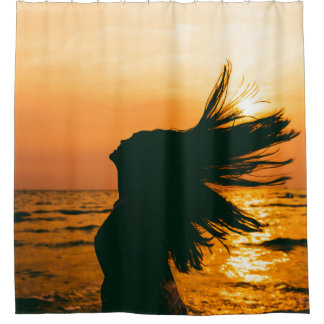 Girl silhouette, sea sunset, freedom. shower curtain