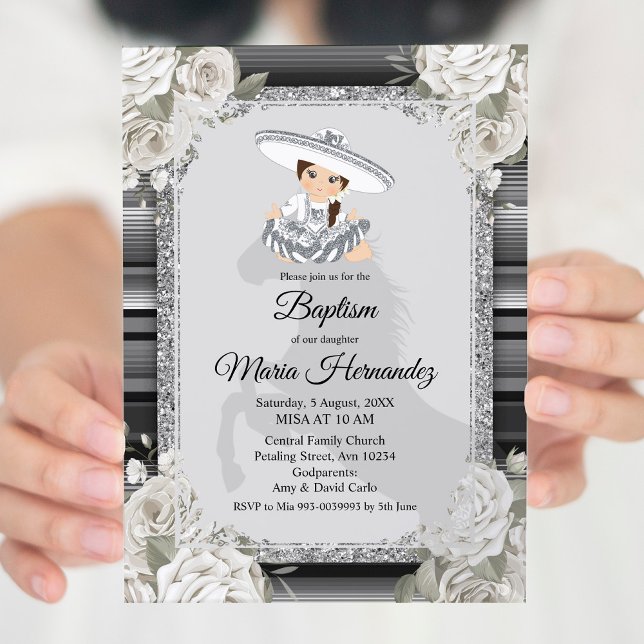 Girl Silver White Mexican Baptism Invitation (Creator Uploaded)