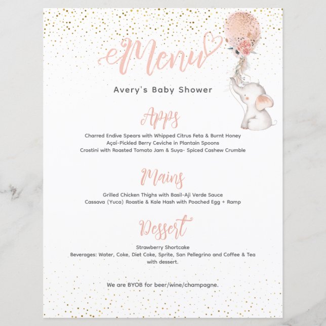  Girl Simple Elephant Balloon Baby Shower Menu (Front)