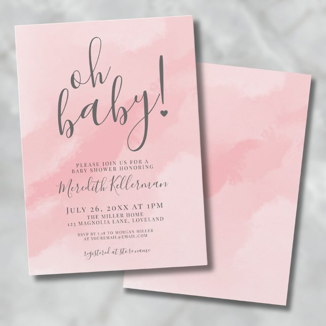 Girl Simple Pink Watercolor Oh Baby Shower Invitation (Oh Baby Shower Simple Pink Watercolor Invitation)