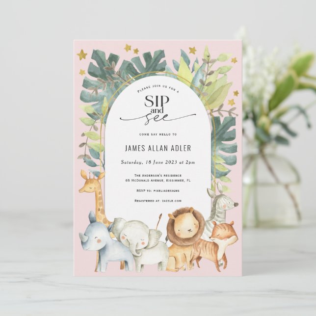 Girl sip and see safari themed baby invitation (Standing Front)