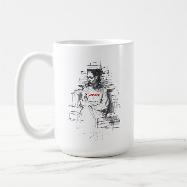Girl Sitting on Book Throne - "Just Read" Coffee Mug (Left)