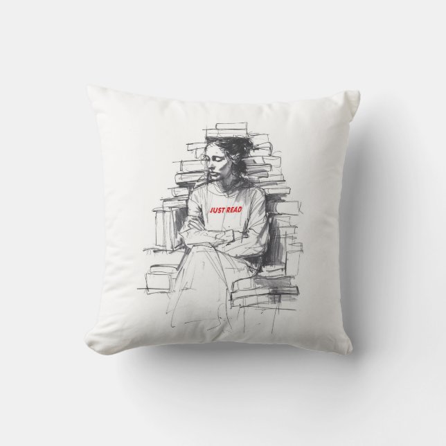 Girl Sitting on Book Throne - "Just Read" Cushion (Front)