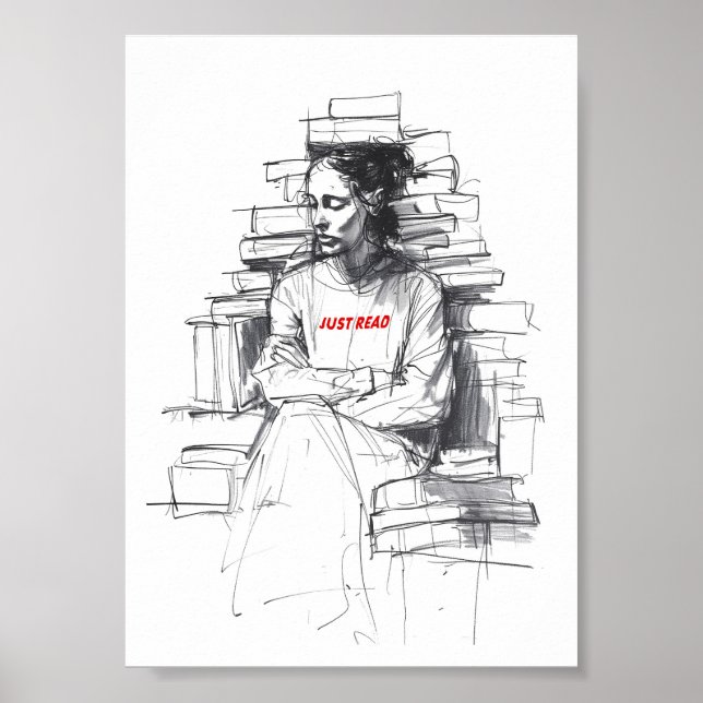 Girl Sitting on Book Throne - "Just Read" Poster (Front)